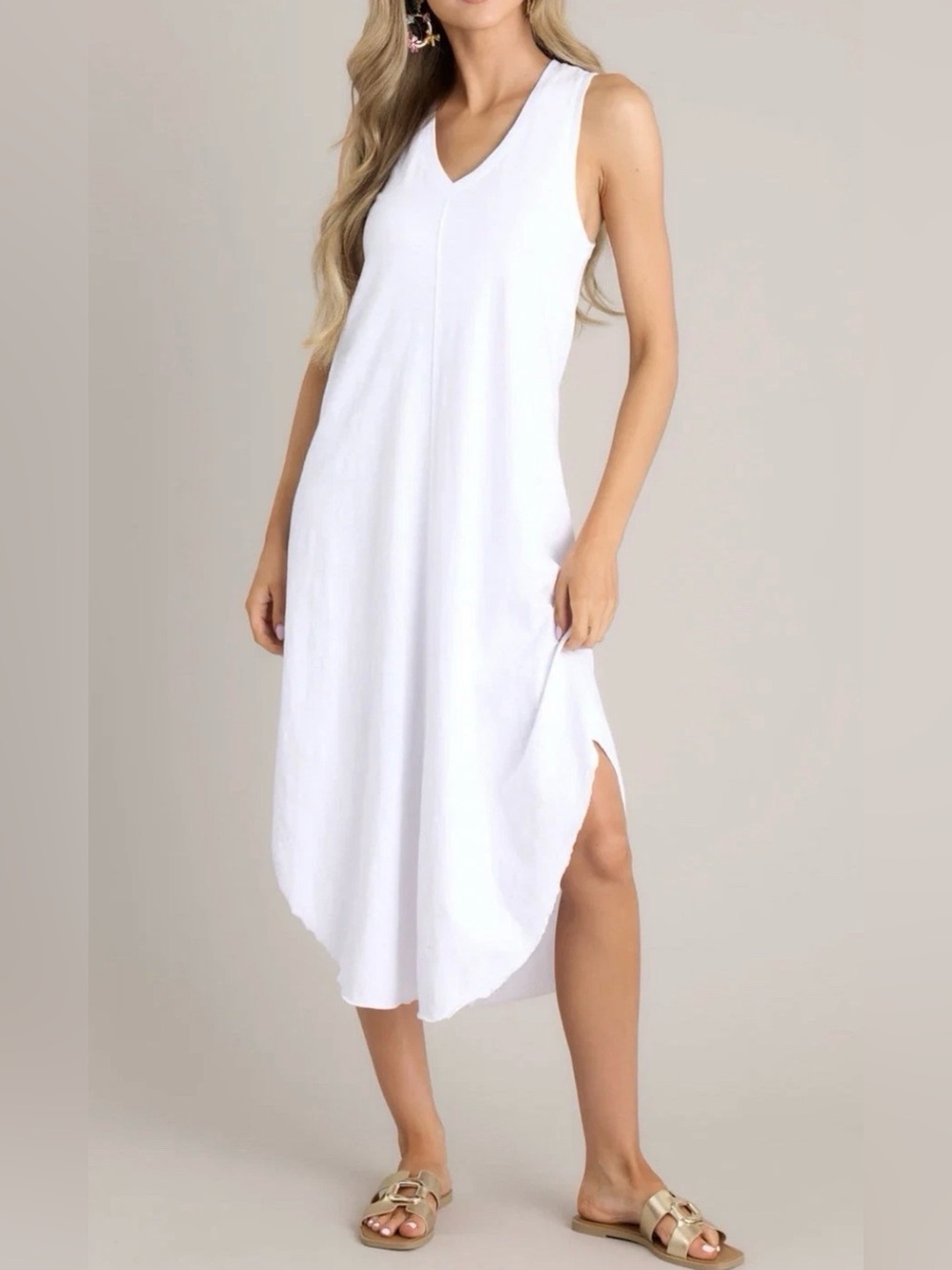 Z Supply Reverie Midi Dress White Cotton V Neck Sleeveless Raw Hem Womens Small